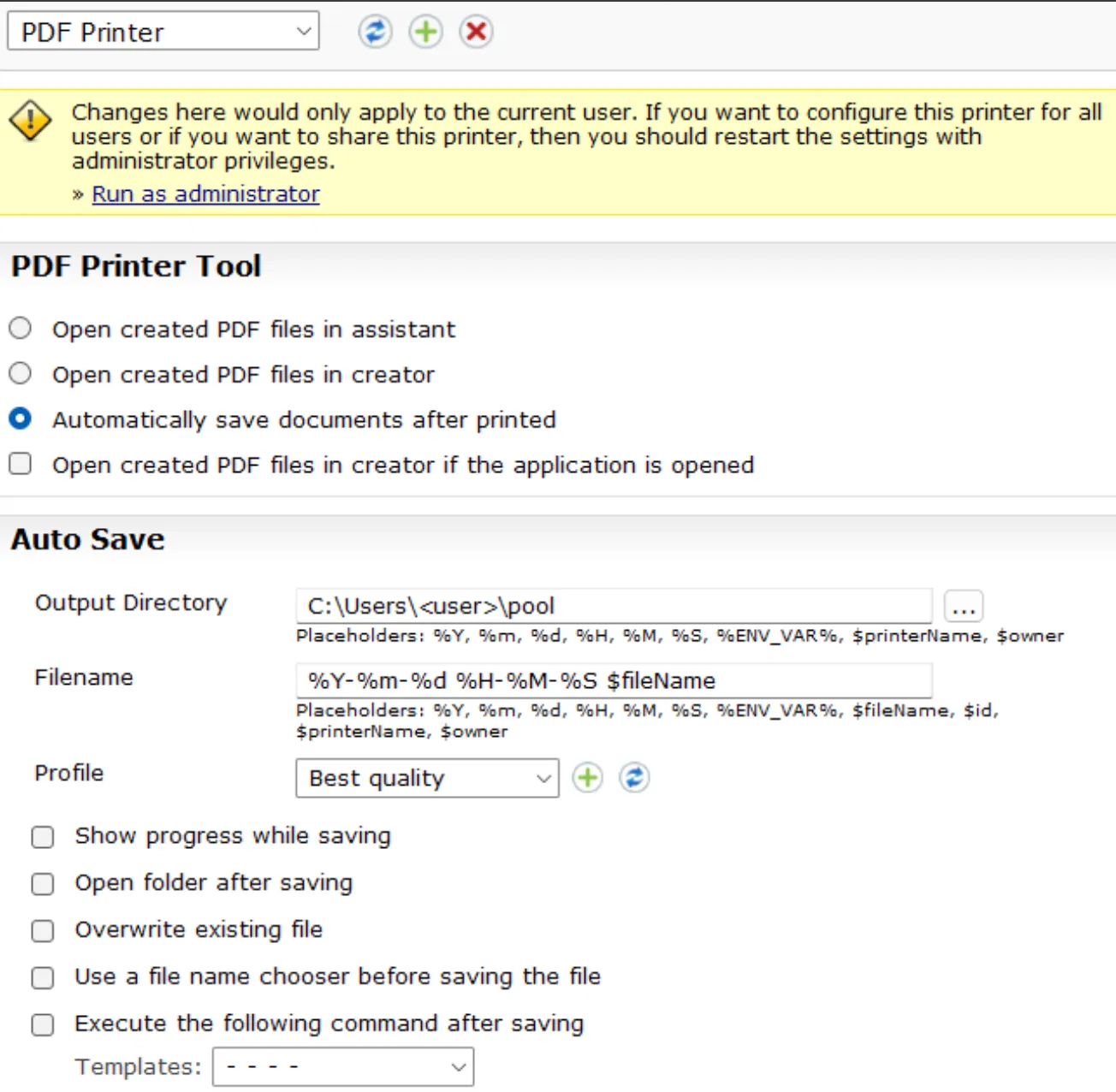 PDF24-Einstellungen: PDF Printer Tool auf „Automatically save documents after printed“, Output Directory C:\Users<user>\pool, Filename „%Y-%m-%d %H-%M-%S $fileName“, Profil „Best quality“, alle Häkchen darunter aus